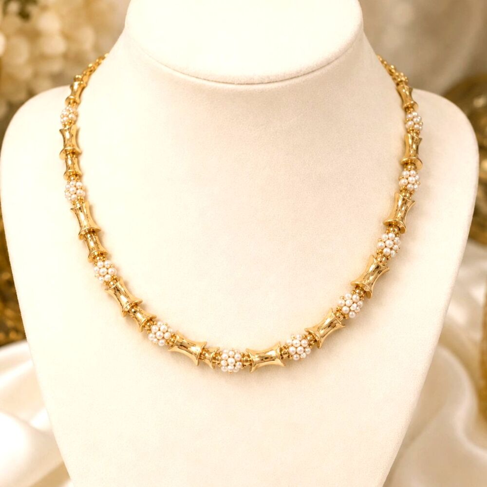 Vintage Gold Tone Faux Pearl Cluster Link Necklace 17" Adjustable